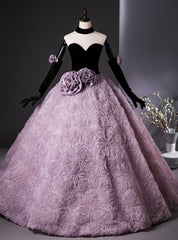 Purple Tulle Flower Black Velvet Quinceanera Dress