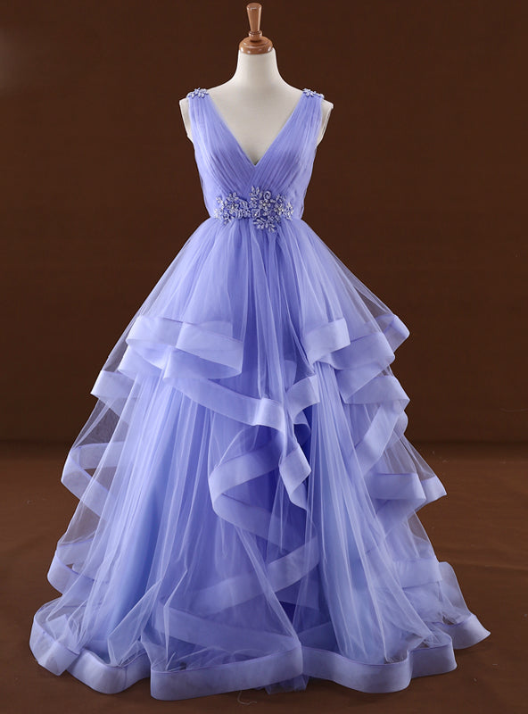 Purple Tulle High Waist V-neck Backless Wedding Dress