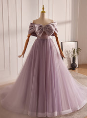 Purple Tulle Off the Shoulder Bow Prom Dress