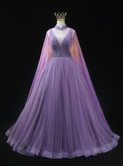 Purple Tulle Sequins V-neck Beading Prom Dress