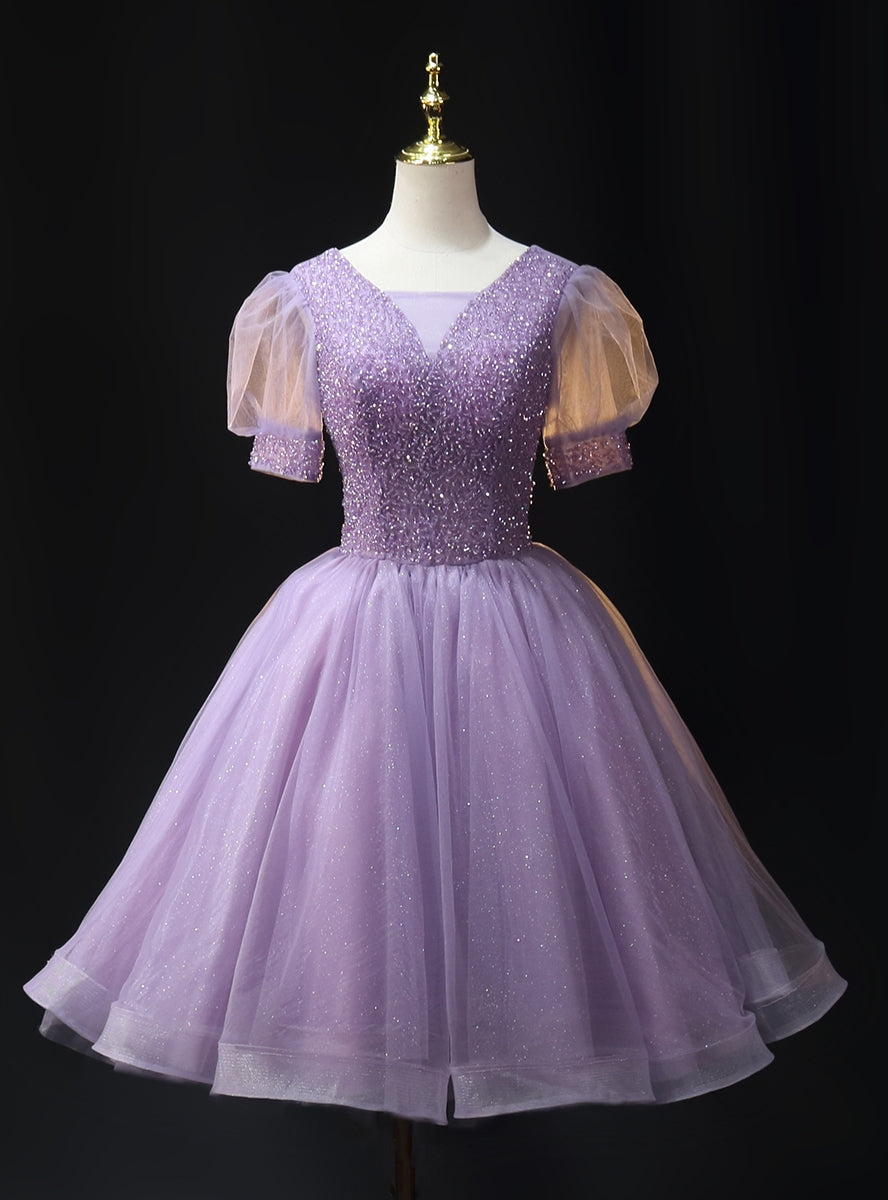 Purple Tulle Short Sleeve Beading Homecoming Dress