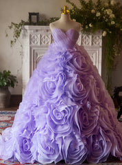 Purple Tulle Sweetheart Flower Quinceanera Dress