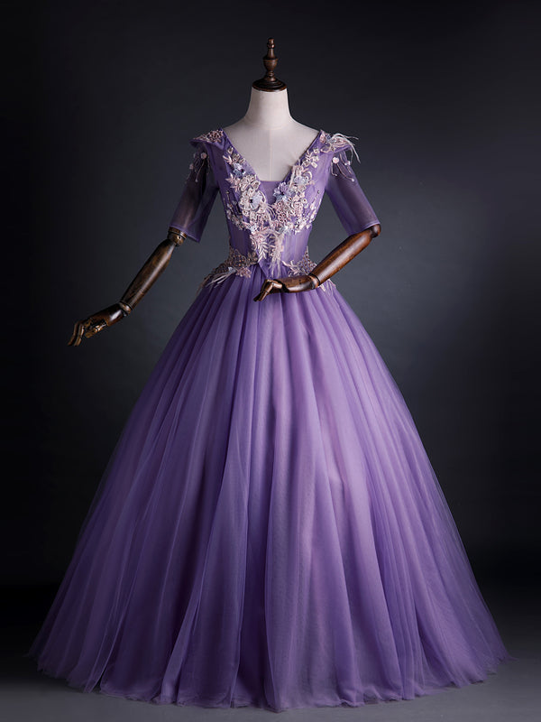 Purple Tulle V-neck Appliques Short Sleeve Quinceanera Dress