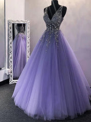 Purple Tulle V-neck Beading Prom Dress