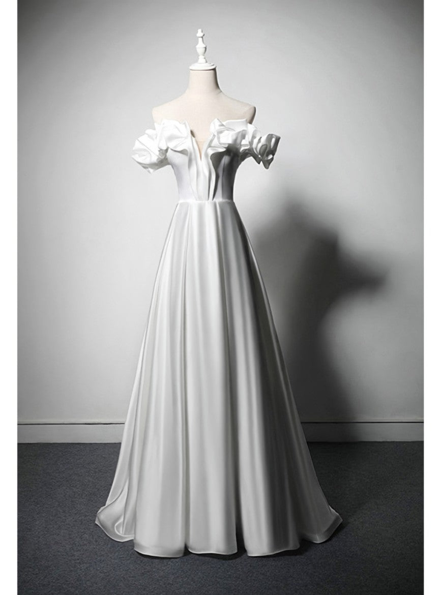 Queenly White Satin Off the Shoulder Wedding Dress