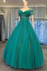 Quinceanera Dress Glitter Emerald Green Tulle Cold-Shoulder Ball Gown