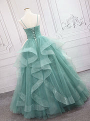 Quinceanera Dress Green V Neck Tulle Long Prom Dress Green Sweet Dress