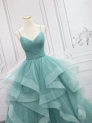 Quinceanera Dress Green V Neck Tulle Long Prom Dress Green Sweet Dress