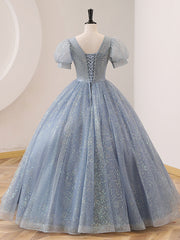 Quinceanera Dress V Neck Tulle Sequin Gray Blue Long Prom Dress Gray Blue Formal Sweet Dress