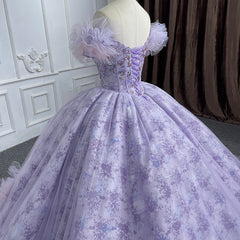 Quincea?era lace  Off-the-Shoulder Ball Gown Purple Sequined Dress