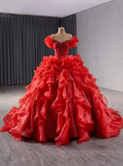 Red Ball Gown Sequins Off the Shoulder Pearls Prom Dress