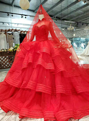 Red Ball Gown Tulle High Neck Long Sleeve Luxury Wedding Dress With Long Train