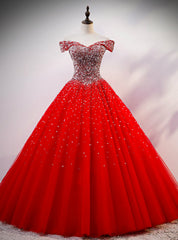 Red Ball Gown Tulle off the Shoulder Beading Sequins Quinceanera Dress