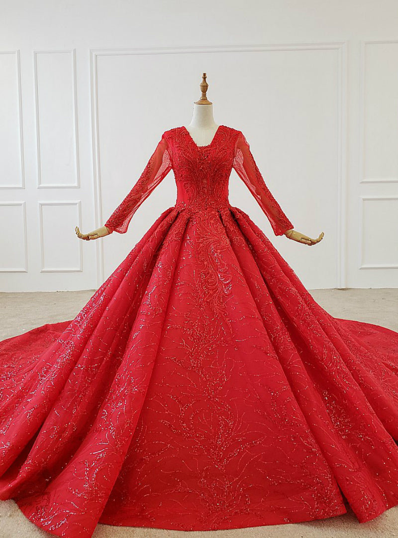 Red Ball Gown Tulle Sequins V-neck Long Sleeve Wedding Dress With Train