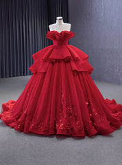 Red Ball Gown Tulle Strapless 3D Flower Prom Dress