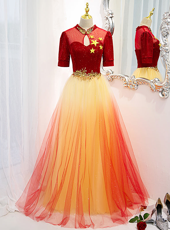 Red Gradient Tulle Short Sleeve Prom Dress