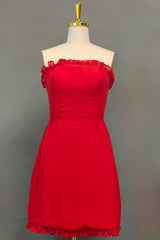 Red Homecoming Dresses Ruffles Strapless Tight Mini Dresses