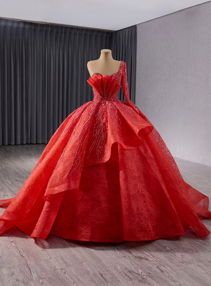 Red Long Sleeve One Shoulder Beading Prom Dress