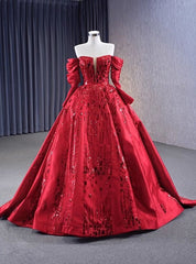 Red Long Sleeve Satin Sequins Prom Dress