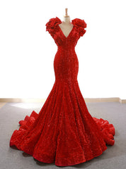 Red Mermaid Sequins Deep V-neck Prom Dress With Train