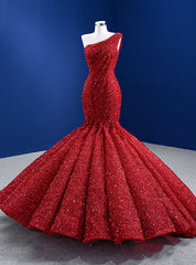 Red Mermaid Sequins One Shoulder Prom Dress