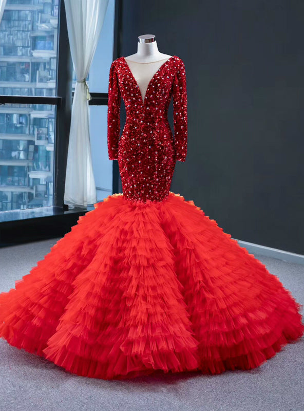 Red Mermaid Sequins Tulle Long Sleeve V-neck Prom Dress