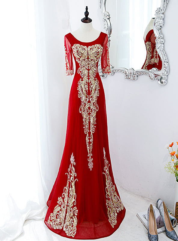 Red Mermaid Short Sleeve Sequins Prom Dress