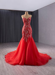 Red Mermaid Sweethaert Beading Prom Dress