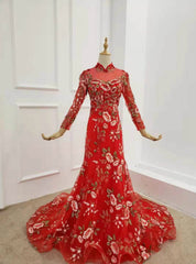 Red Mermaid Tulle Embrodiery Appliques Long Sleeve Prom Dress