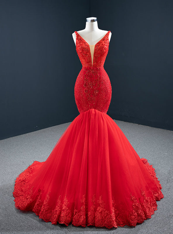 Red Mermaid Tulle Off the Shoulder Appliques Beading Prom Dress