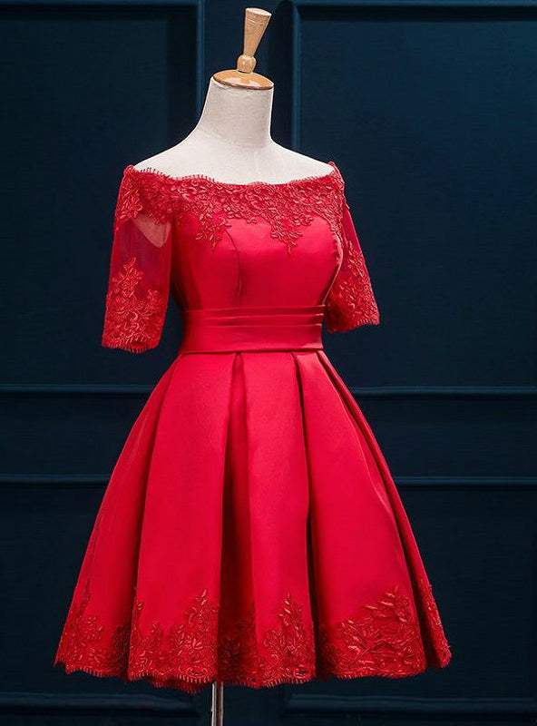 Red Off the Shoulder Satin Homecoming Dress