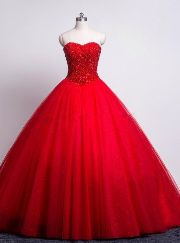 Red Prom Quinceanera Dresses Sweetheart Beaded Corset Tulle Ball Gown