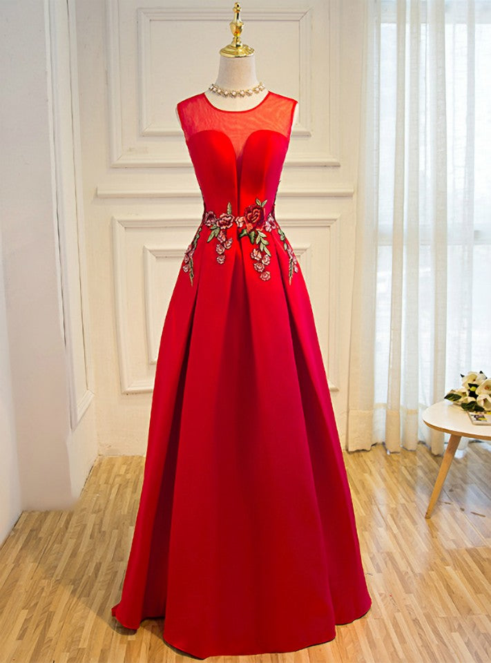 Red Satin Lace Up Floor-length Bridesmaid Dress