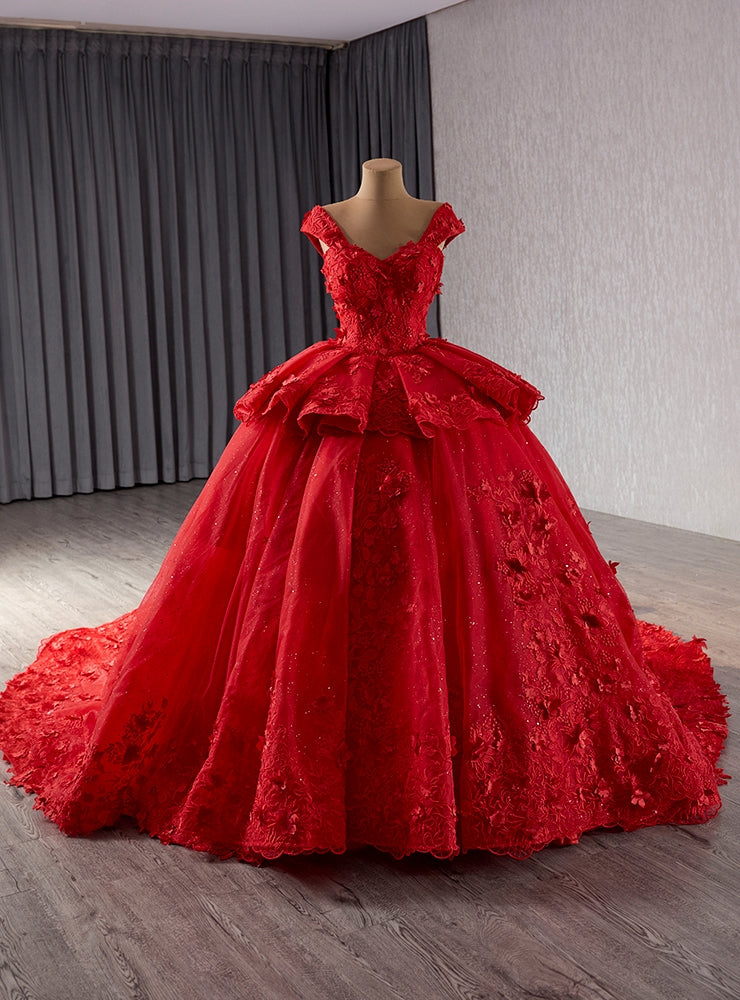 Red Tulle 3D Flower Ball Gown Prom Dress