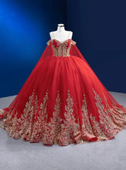 Red Tulle Gold Sequins Appliques Spaghetti Straps Pearls Prom Dress