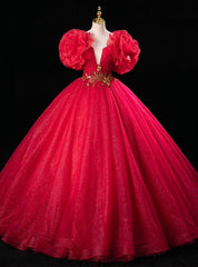 Red Tulle Sequins Beading Pearls Quinceanera Dress