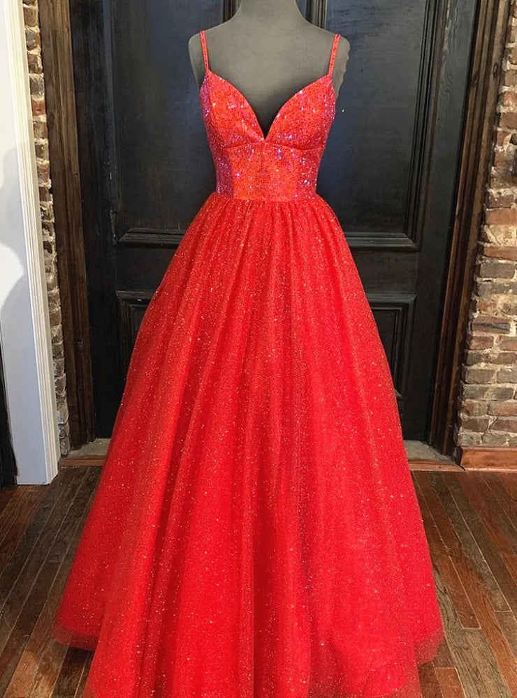 Red Tulle Sequins Spaghetti Straps Beading Prom Dress