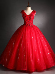 Red Tulle Sequins V-neck Appliques Beading Quinceanera Dress