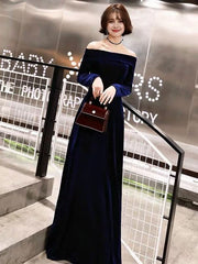 Royal Blue Classic Evening Dresses Velvet Long Sleeve Off Shoulder Prom Dresses