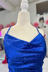 Royal Blue Cowl Neck Rhinestones Long Prom Dress with Feather-Trimmed Slit