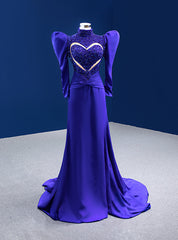 Royal Blue Mermaid Long Sleeve High Neck Beading Prom Dress