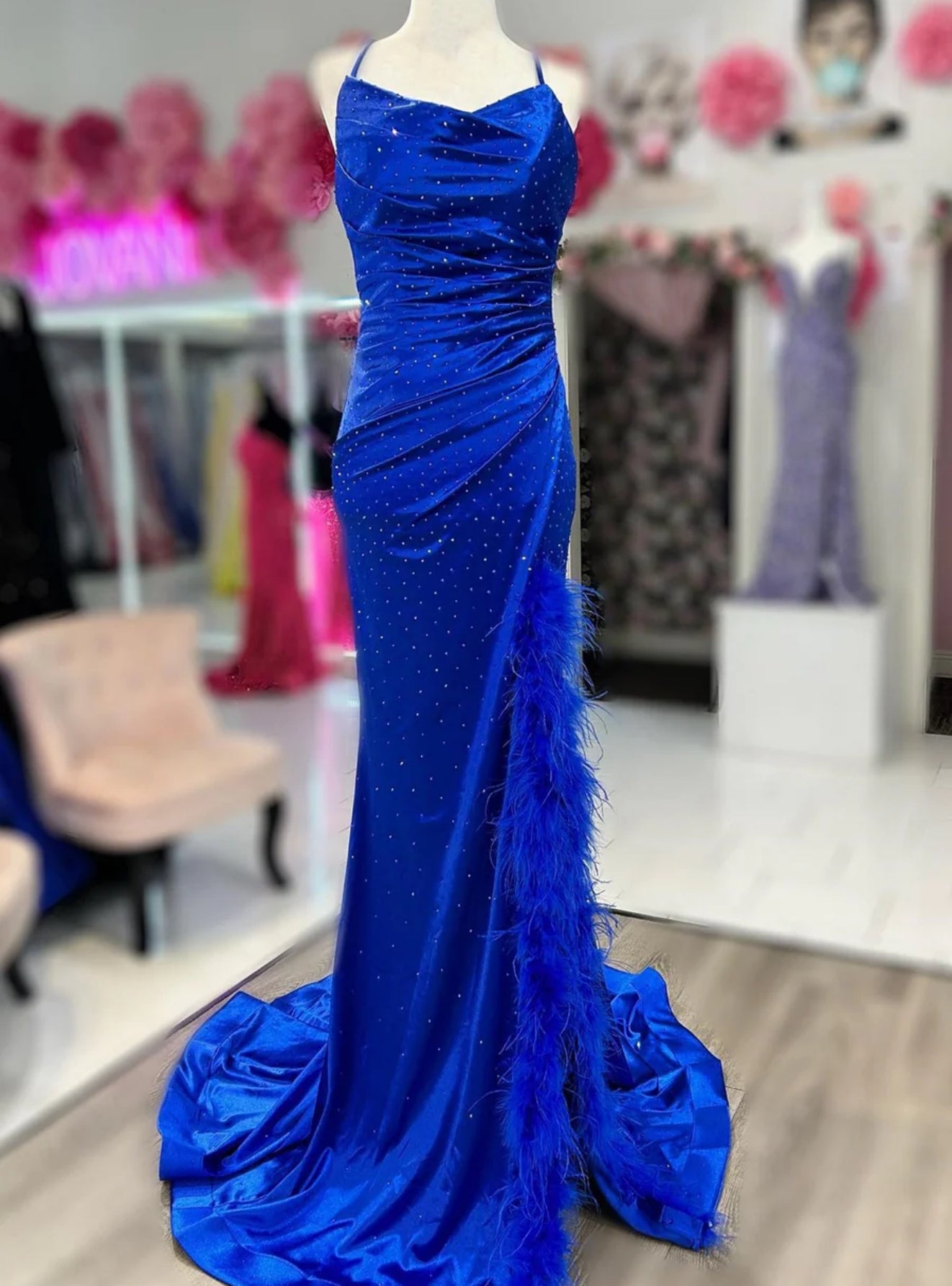 Royal Blue Mermaid Satin Spaghetti Straps Prom Dress