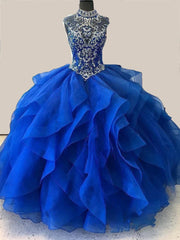 Royal Blue Organza High Neck Quinceanera Dresses Burgundy Prom Dresses