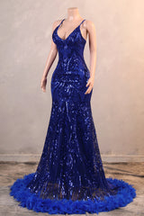 Royal Blue Prom Dresses Sequin Mermaid Long Evening Dresses Floor Length Sleeveless Spaghetti Strap with Feather