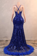 Royal Blue Prom Dresses Sequin Mermaid Long Evening Dresses Floor Length Sleeveless Spaghetti Strap with Feather