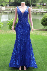 Royal Blue Prom Dresses Sequins V Neck Mermaid Women Evening Dresses Sleeveless