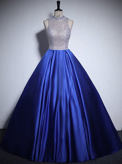 Royal Blue Satin Backless Sequins Prom Dress