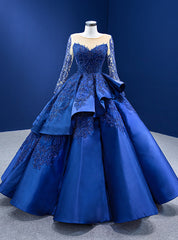 Royal Blue Satin Long Sleeve Appliques Beading Prom Dress