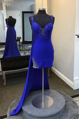 Royal Blue Spaghetti Straps Beaded Bodycon Homecoming Dress with Open Back