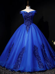 Royal Blue Tulle Appliques Off the Shoulder Beading Quinceanera Dress